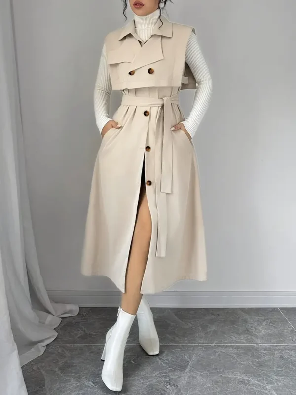 Ensemble élégant 2 en 1 trench coat et robe pour femme, Sans manches, détail boutonné avec ceinture et poches, lavable en machine