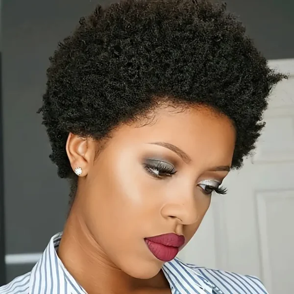 Perruque élégante coupe Pixie afro bouclée de 4 pouces pour femme, Cheveux humains noirs naturels - Image 5