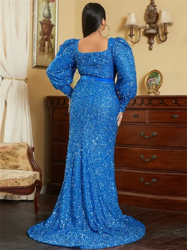 Robe moulante élégante grande taille à paillettes avec encolure carrée et manches longues - Image 4