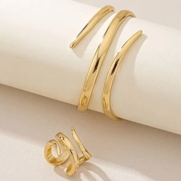 Ensemble bracelet et bague géométrique chic pour femme, Style punk vintage, fer doré – Image 5