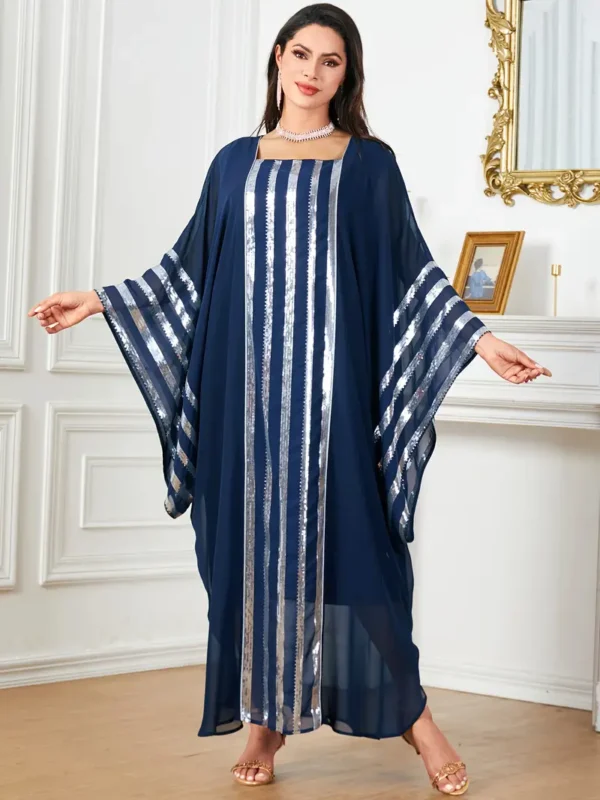 Robe longue élégante à manches chauve-souris brodée à paillettes et à rayures – Image 6