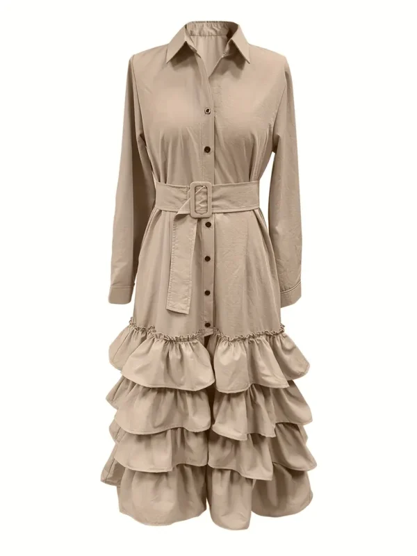 1 robe tunique décontractée en polyester pour femme avec ourlet à volants et boutonnée sur le devant – Image 2