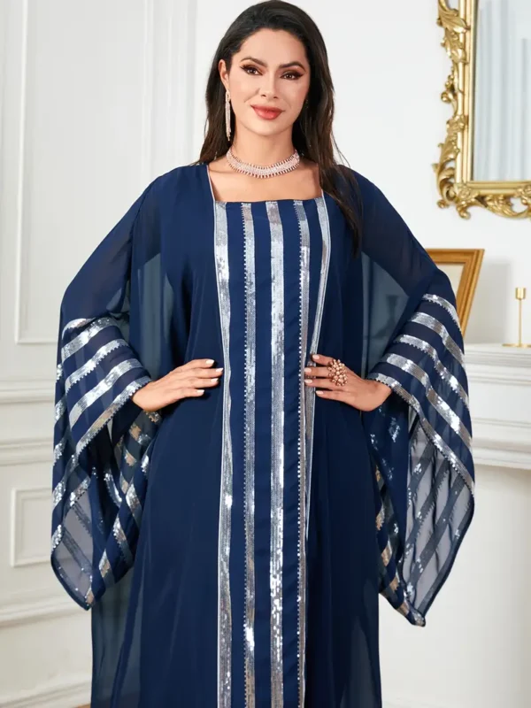Robe longue élégante à manches chauve-souris brodée à paillettes et à rayures – Image 4