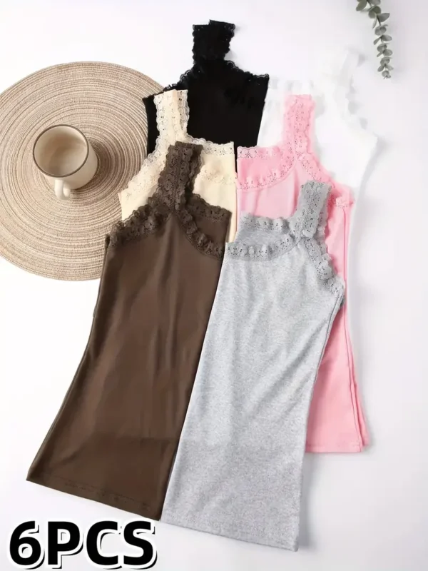 Lot de 6 débardeurs en nylon et élasthanne avec détails en dentelle contrastée, hauts sans manches de couleur unie – Image 8