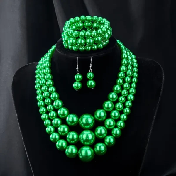 Une paire de boucles d'oreilles, un bracelet et un collier, Style de Noël, Collier épais en perles d'imitation – Image 3