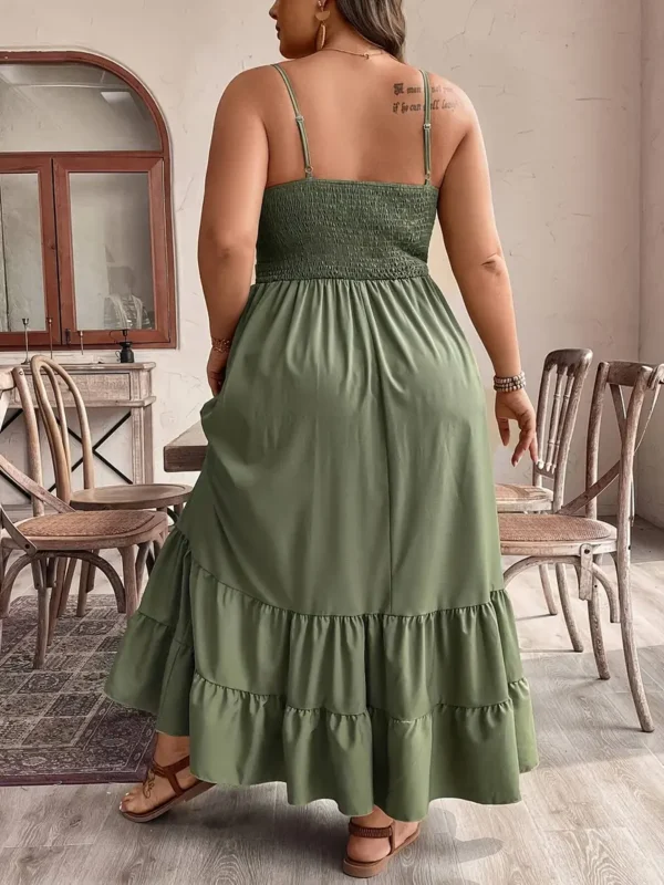 Robe longue élégante en polyester grande taille, Bretelles spaghetti froncées, plis sur la poitrine, ourlet à volants, couleur unie, tissu non extensible, robe ajustée et évasée toutes saisons - Image 6