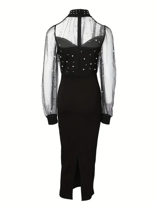 Robe élégante à manches longues et perles, robe mi-longue moulante chic à col ras du cou avec détails en maille, tissu en tricot de polyester – Image 4