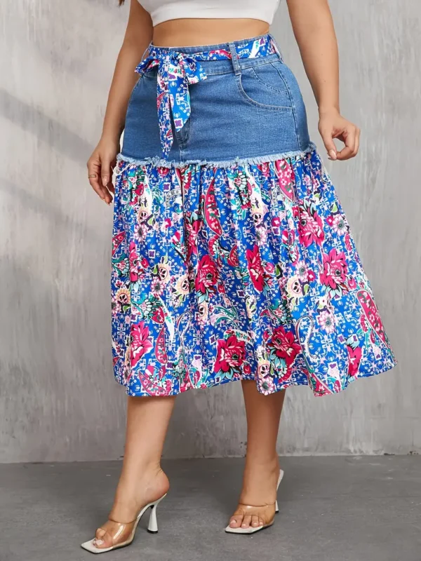 1 jupe midi en jean style bohème chic avec imprimé floral, jupe longue plissée avec cordon de serrage et ceinture, tissu tissé extensible moyen, coupe standard – Image 4