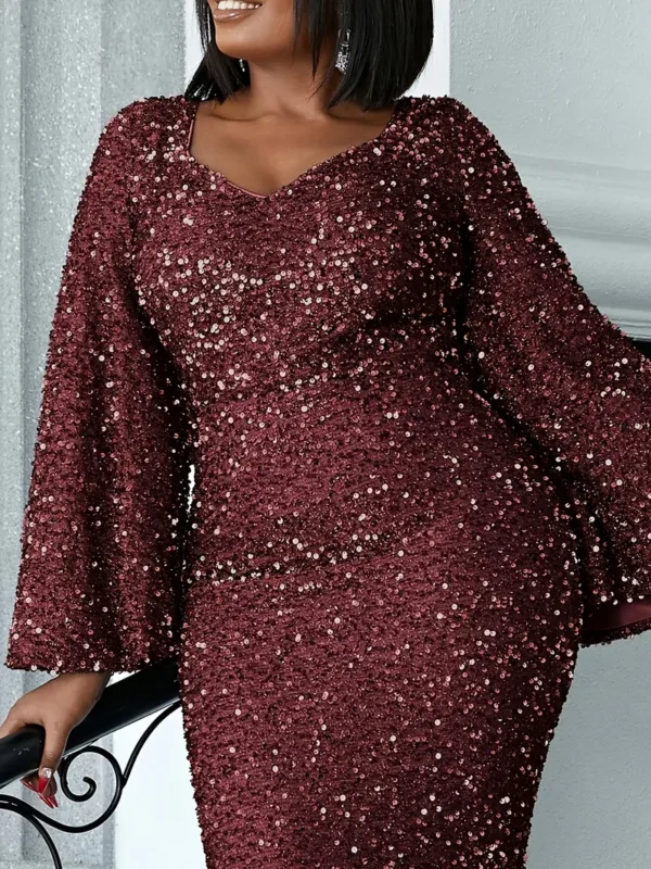 Robe moulante élégante à manches longues et col carré ornée de sequins pour femme – Image 5