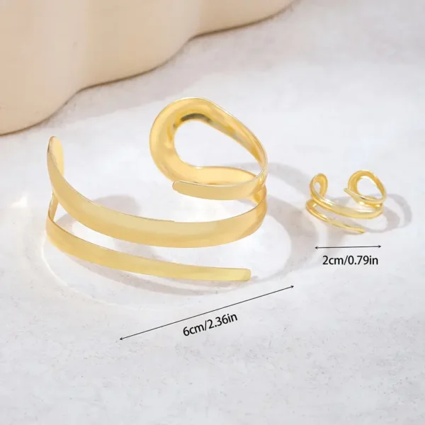 Ensemble bracelet et bague géométrique chic pour femme, Style punk vintage, fer doré – Image 2