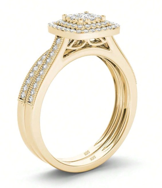 Bagues de mariage élégantes et luxueuses, en argent sterling 925 avec zircones cubiques de couleur or 3 Bagues de mariage élégantes et luxueuses, en argent sterling 925 avec zircones cubiques de couleur or – Image 2