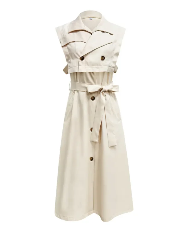 Ensemble élégant 2 en 1 trench coat et robe pour femme, Sans manches, détail boutonné avec ceinture et poches, lavable en machine - Image 6