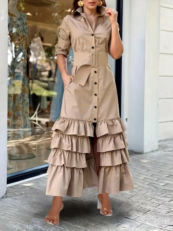 1 robe tunique décontractée en polyester pour femme avec ourlet à volants et boutonnée sur le devant