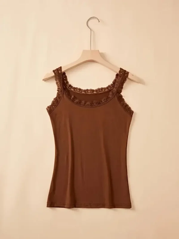 Lot de 6 débardeurs en nylon et élasthanne avec détails en dentelle contrastée, hauts sans manches de couleur unie – Image 10