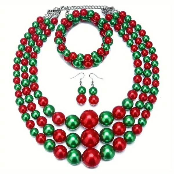 Une paire de boucles d'oreilles, un bracelet et un collier, Style de Noël, Collier épais en perles d'imitation – Image 12