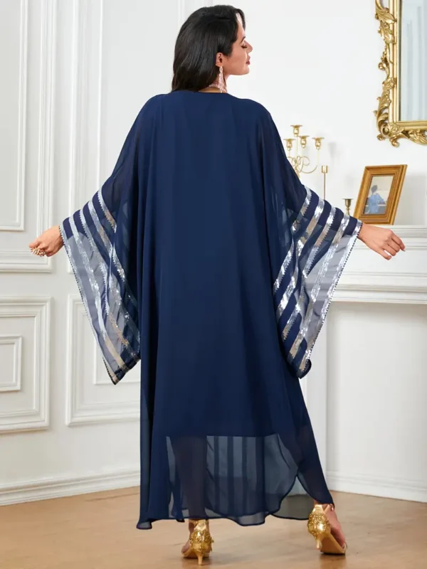 Robe longue élégante à manches chauve-souris brodée à paillettes et à rayures – Image 7