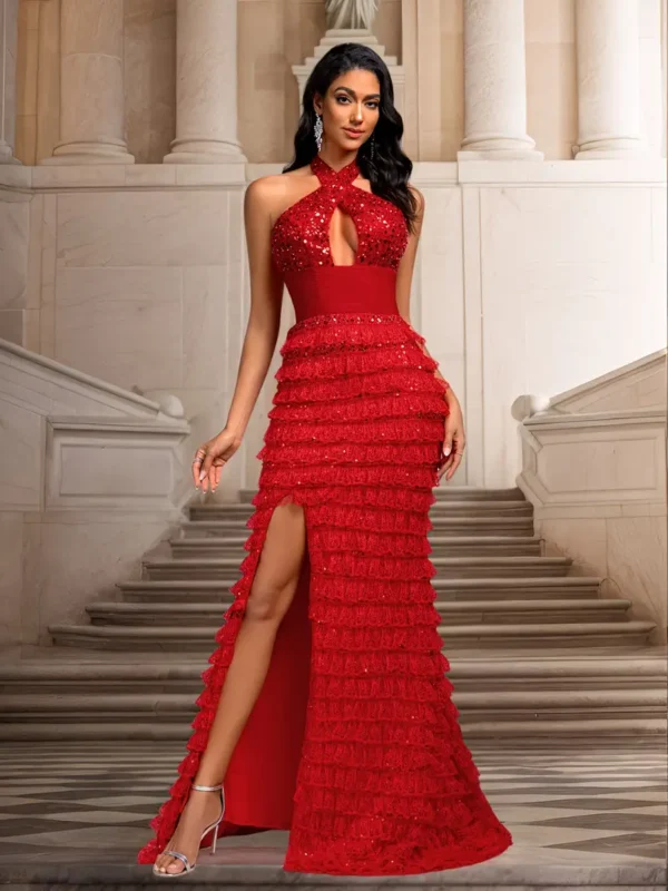 Une robe de soirée rouge unie pour femme, avec un style élégant avec un design à col haut en maille et paillettes - Image 13