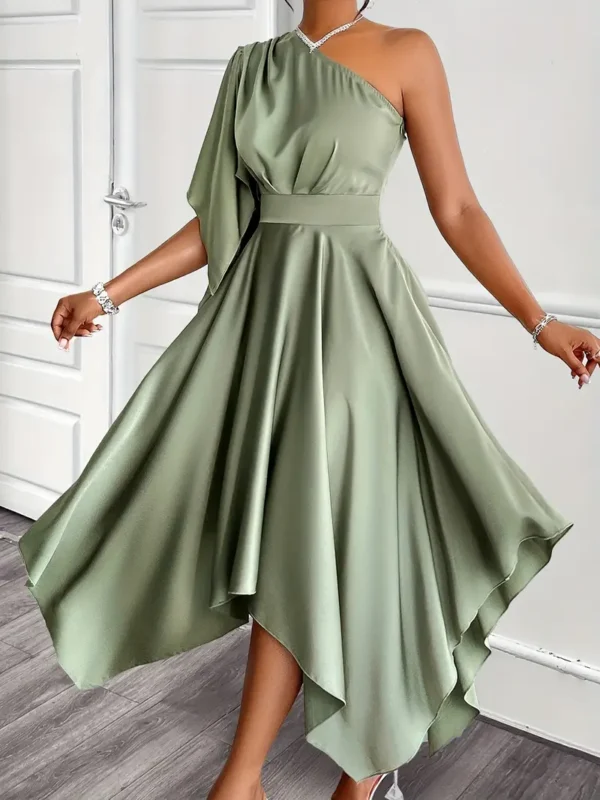 Robe péplum asymétrique élégante à une épaule pour femme, robe mi-longue en satin de polyester de couleur unie avec détails de manches à volants, Tenue de soirée tissée pour adultes - Image 4