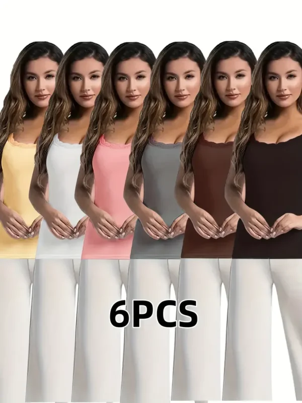 Lot de 6 débardeurs en nylon et élasthanne avec détails en dentelle contrastée, hauts sans manches de couleur unie – Image 11