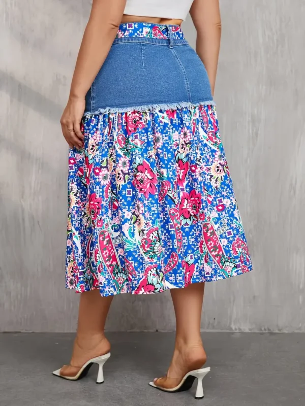 1 jupe midi en jean style bohème chic avec imprimé floral, jupe longue plissée avec cordon de serrage et ceinture, tissu tissé extensible moyen, coupe standard – Image 6
