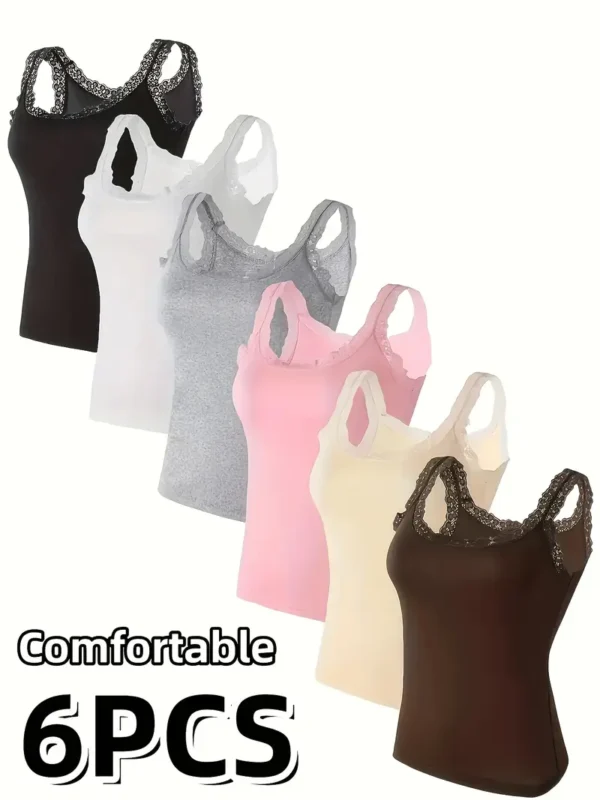 Lot de 6 débardeurs en nylon et élasthanne avec détails en dentelle contrastée, hauts sans manches de couleur unie