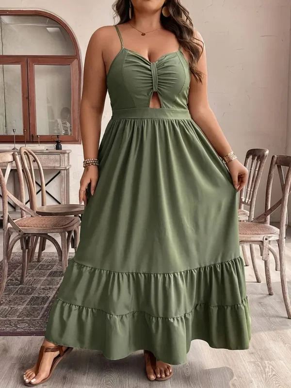 Robe longue élégante en polyester grande taille, Bretelles spaghetti froncées, plis sur la poitrine, ourlet à volants, couleur unie, tissu non extensible, robe ajustée et évasée toutes saisons - Image 15