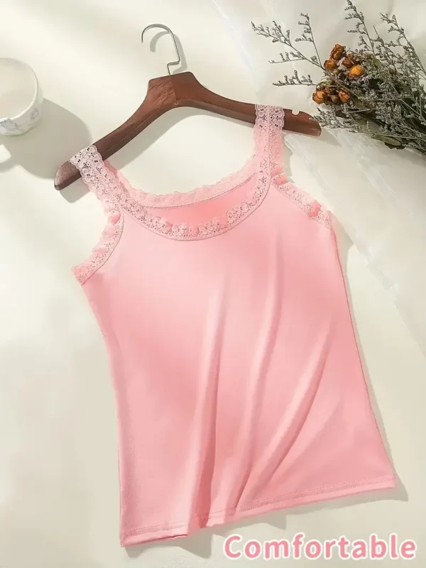 Lot de 6 débardeurs en nylon et élasthanne avec détails en dentelle contrastée, hauts sans manches de couleur unie – Image 13