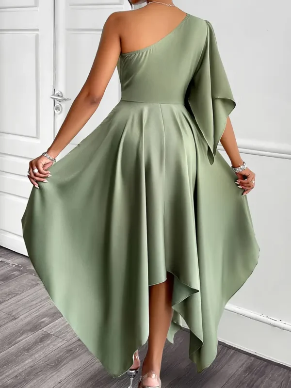 Robe péplum asymétrique élégante à une épaule pour femme, robe mi-longue en satin de polyester de couleur unie avec détails de manches à volants, Tenue de soirée tissée pour adultes - Image 5