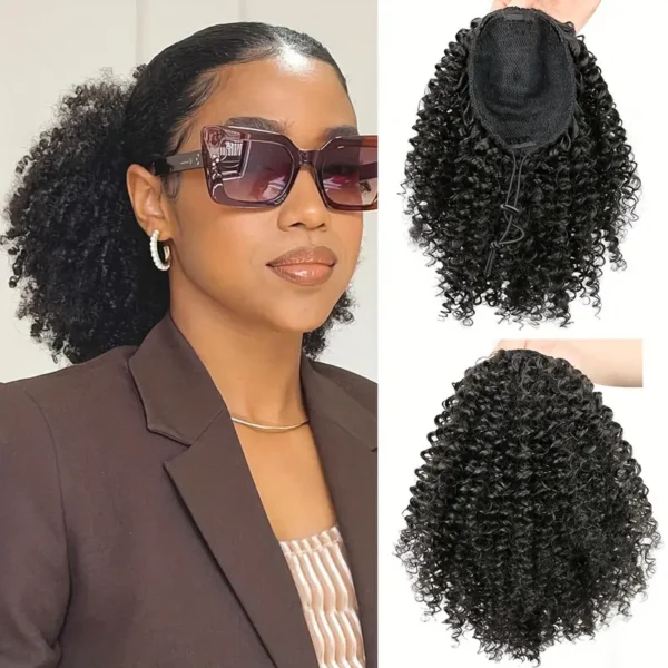 Mtmei Hair 25,4 cm Afro Court Crépus Bouclés Queue de Cheval avec Cordon de Serrage, Extension de Cheveux Synthétiques Volumineuse à Clipser