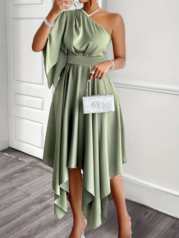 Robe péplum asymétrique élégante à une épaule pour femme, robe mi-longue en satin de polyester de couleur unie avec détails de manches à volants, Tenue de soirée tissée pour adultes - Image 6