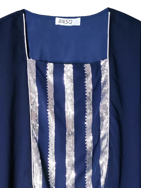 Robe longue élégante à manches chauve-souris brodée à paillettes et à rayures – Image 10