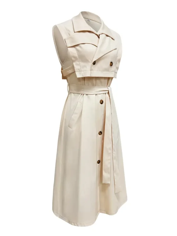 Ensemble élégant 2 en 1 trench coat et robe pour femme, Sans manches, détail boutonné avec ceinture et poches, lavable en machine - Image 9