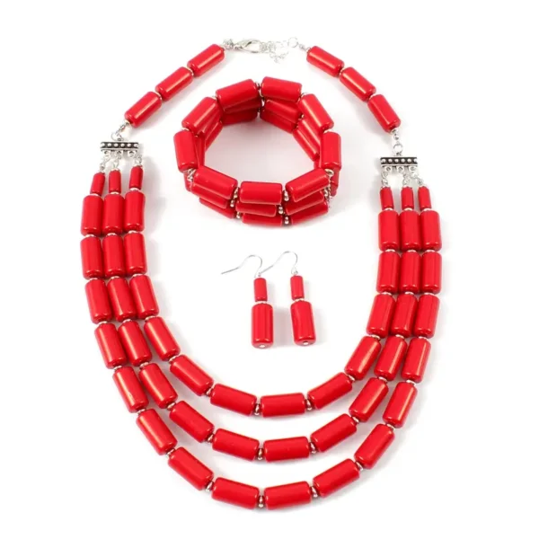 Ensemble de bijoux en résine avec collier multicouches et boucles d'oreilles et bracelet en perles rouges de style bohème – Image 14