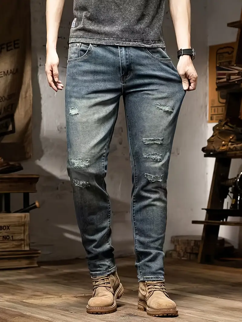 Jean slim décontracté déchiré et usé pour homme 3 Jean slim décontracté déchiré et usé pour homme – Image 2