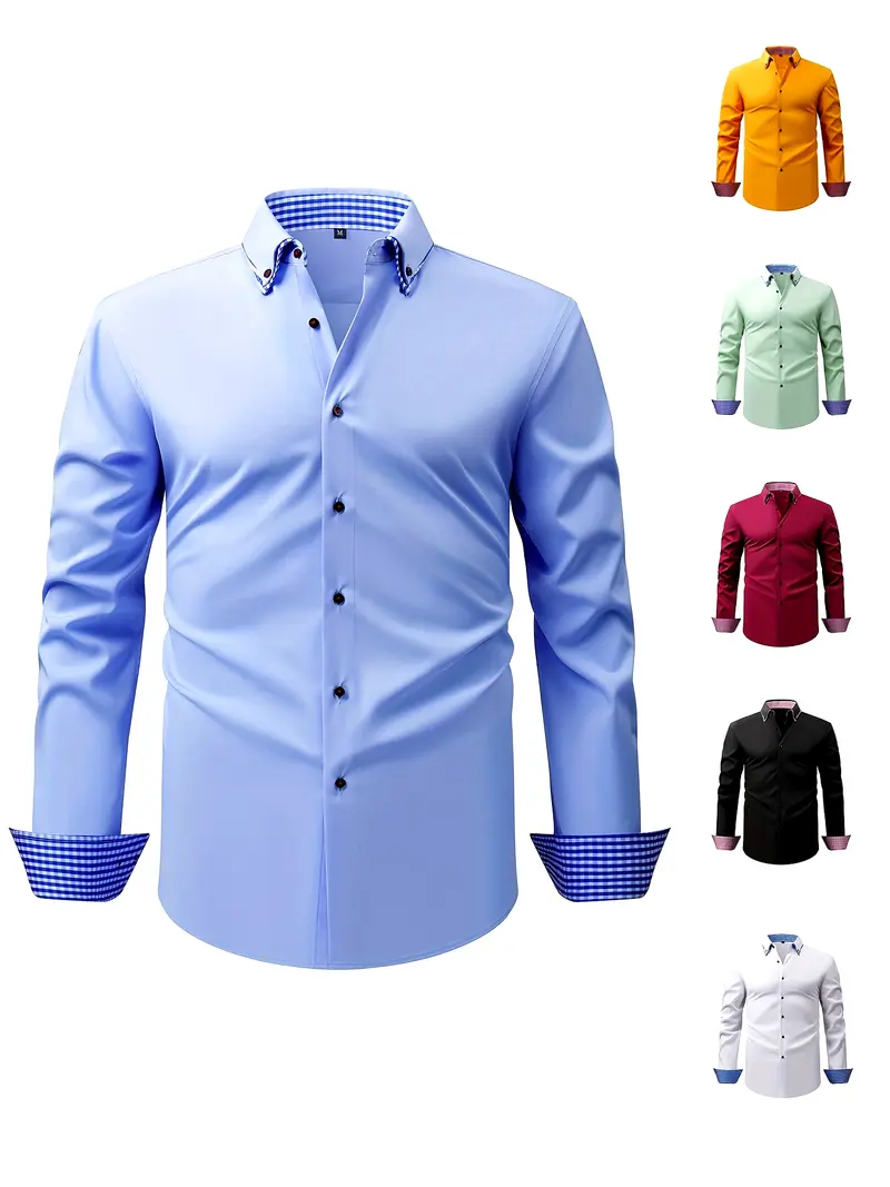 Chemise élégante à manches longues pour homme avec col à carreaux 2 Chemise élégante à manches longues pour homme avec col à carreaux