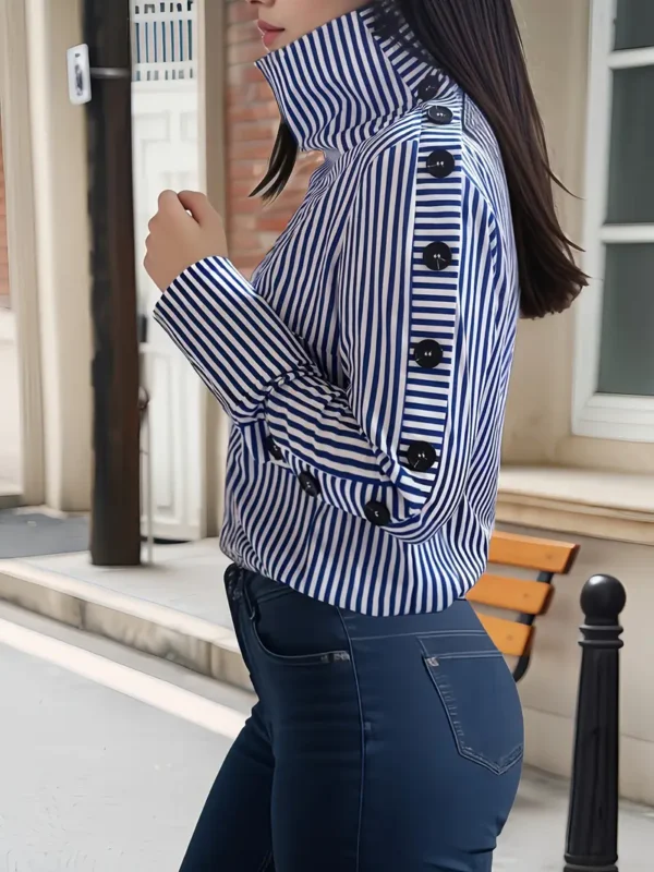Nouveau haut rayé à col montant et manches longues pour femme – Image 3
