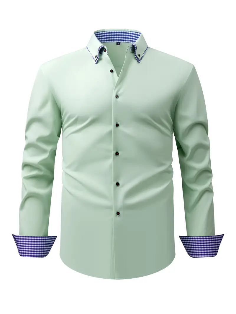 Chemise élégante à manches longues pour homme avec col à carreaux 3 Chemise élégante à manches longues pour homme avec col à carreaux – Image 2