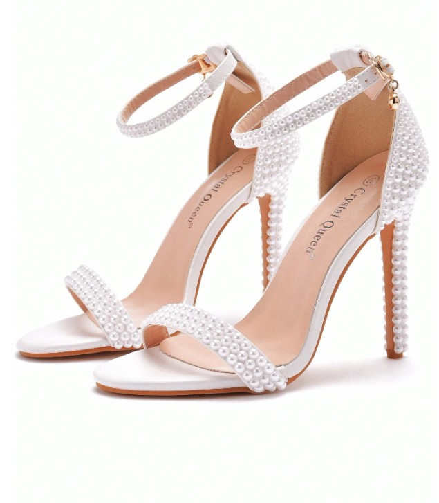 Sandales de mariée à talons hauts et bout ouvert avec perles blanches de 11 cm 2 Sandales de mariée à talons hauts et bout ouvert avec perles blanches de 11 cm