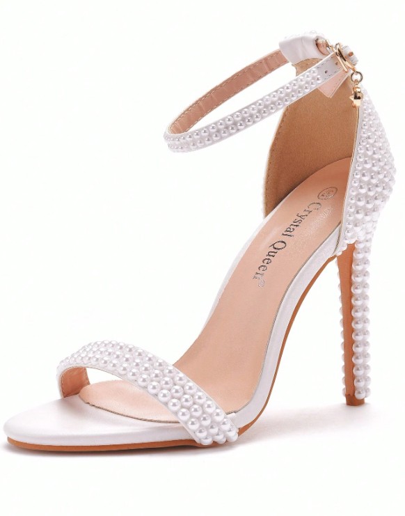 Sandales de mariée à talons hauts et bout ouvert avec perles blanches de 11 cm 5 Sandales de mariée à talons hauts et bout ouvert avec perles blanches de 11 cm – Image 4
